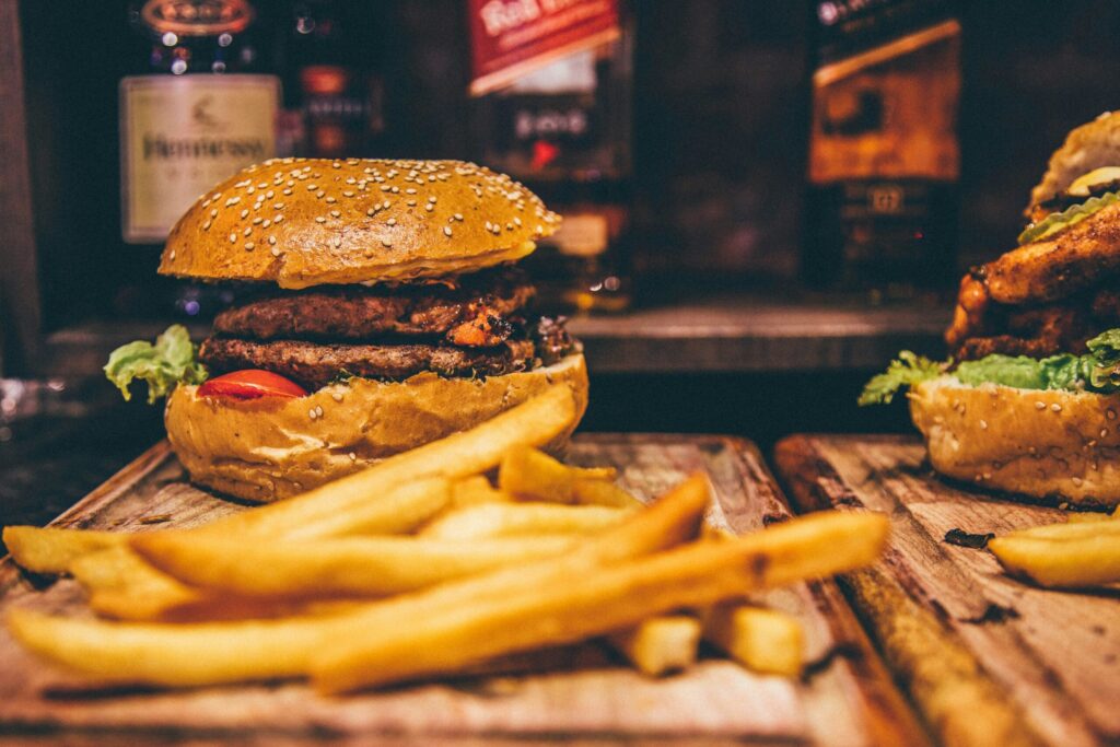 Beef burger and chips representing the Burger King menu in South Africa