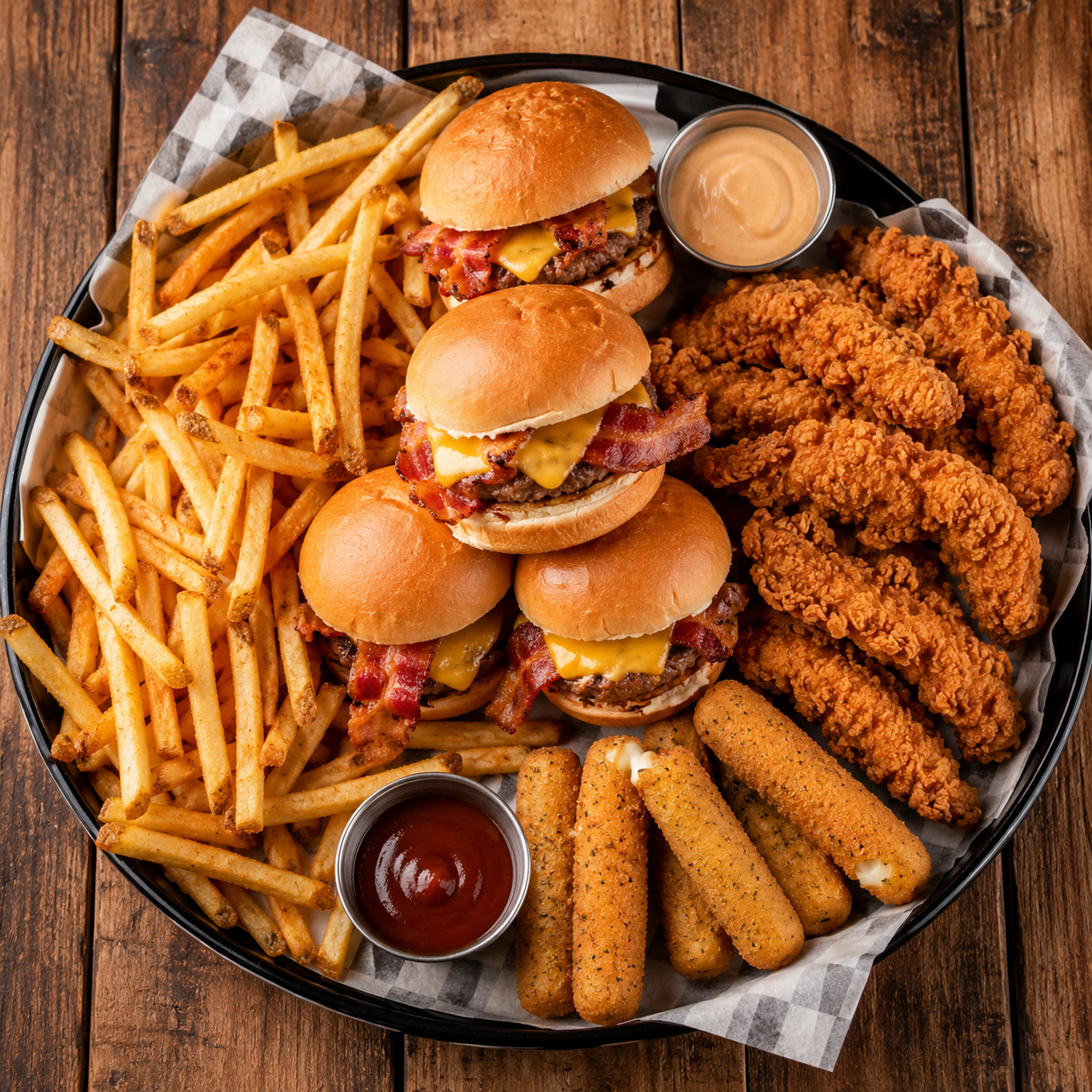 RocoMamas smashburgers with bacon and cheese, crispy chicken strips, shoestring fries and dipping sauce