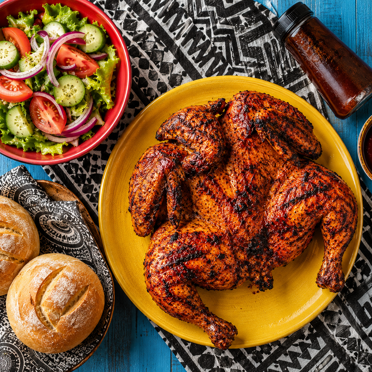 Flame-grilled peri-peri chicken served with salad, Portuguese rolls and a bottle of basting sauce, the style of meal compared in this Pedros vs Nando’s price guide