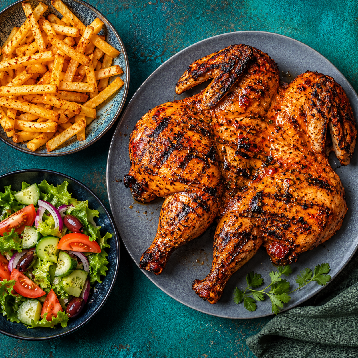 Flame-grilled peri-peri full chicken with a bowl of chips, illustrating the Pedros vs Nando's price comparison