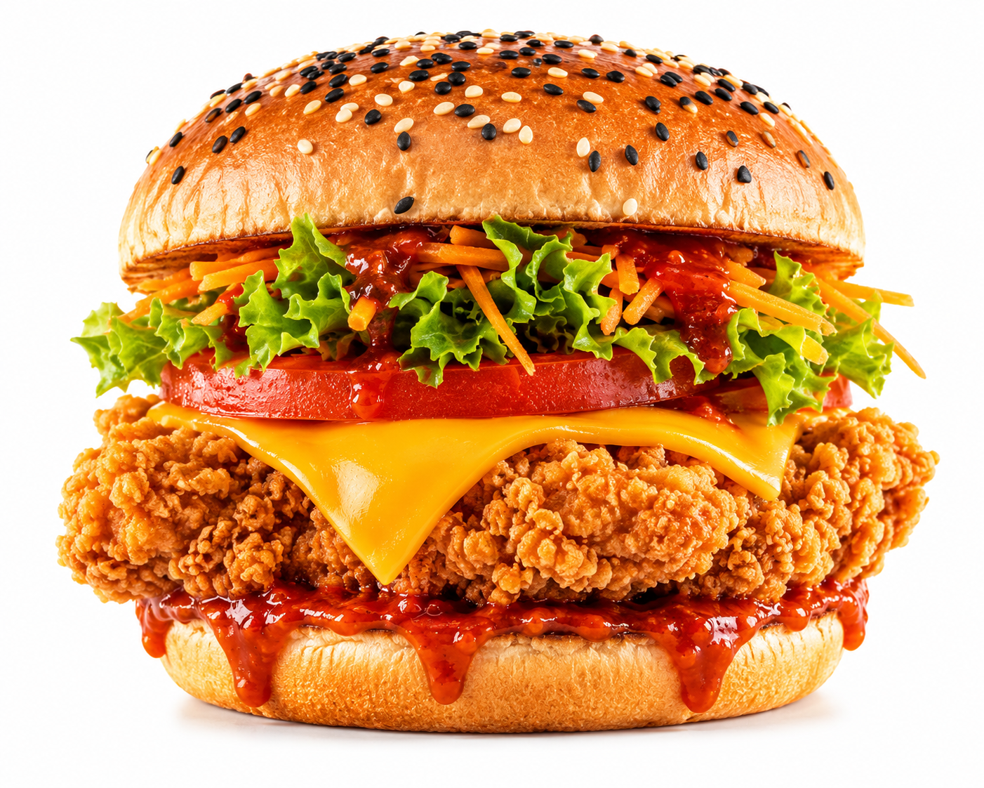 Crispy fried chicken fillet burger with cheese, lettuce and tomato on a sesame bun, illustrating KFC burger menu prices in South Africa