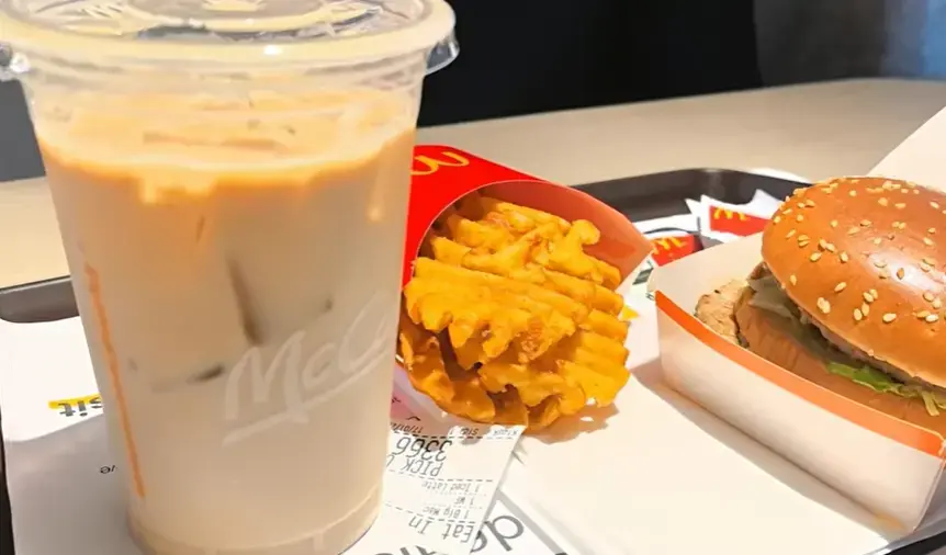 McCafé iced coffee, waffle fries and a burger on a tray, illustrating McDonald's desserts prices South Africa