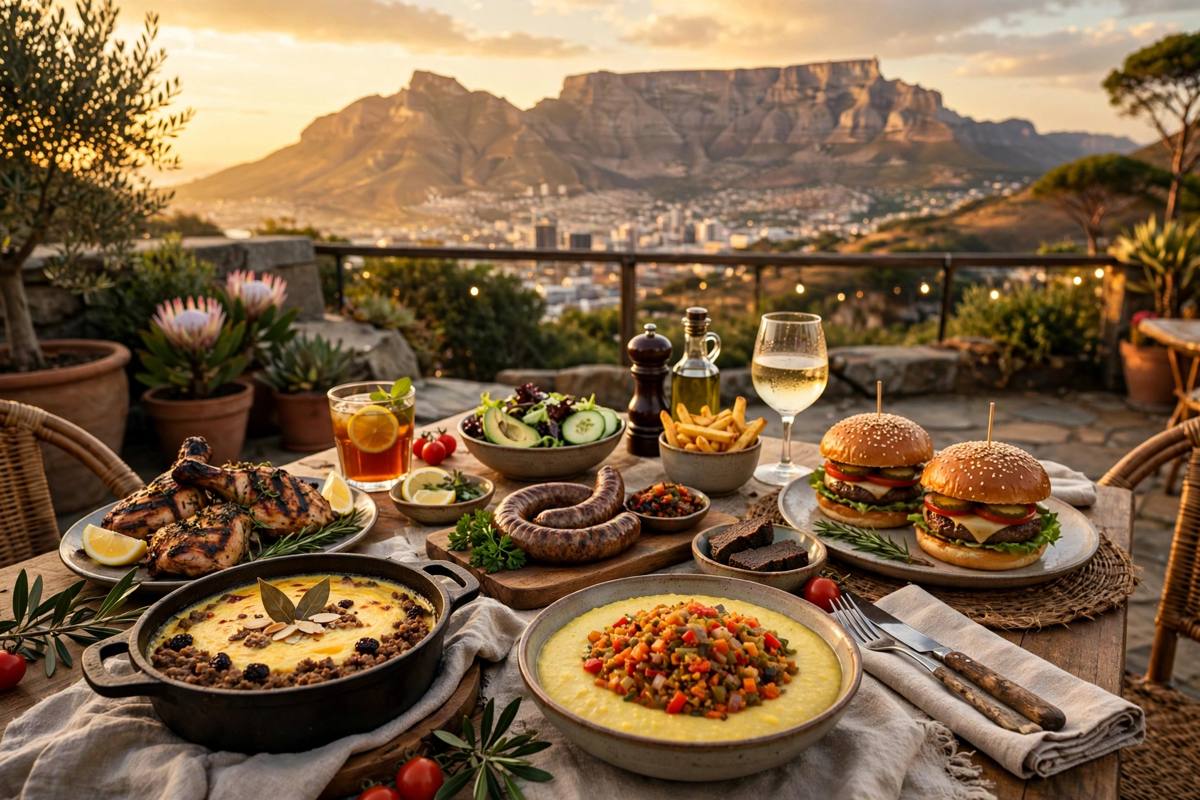 Cost of a meal in Cape Town - South African food with Table Mountain at sunset