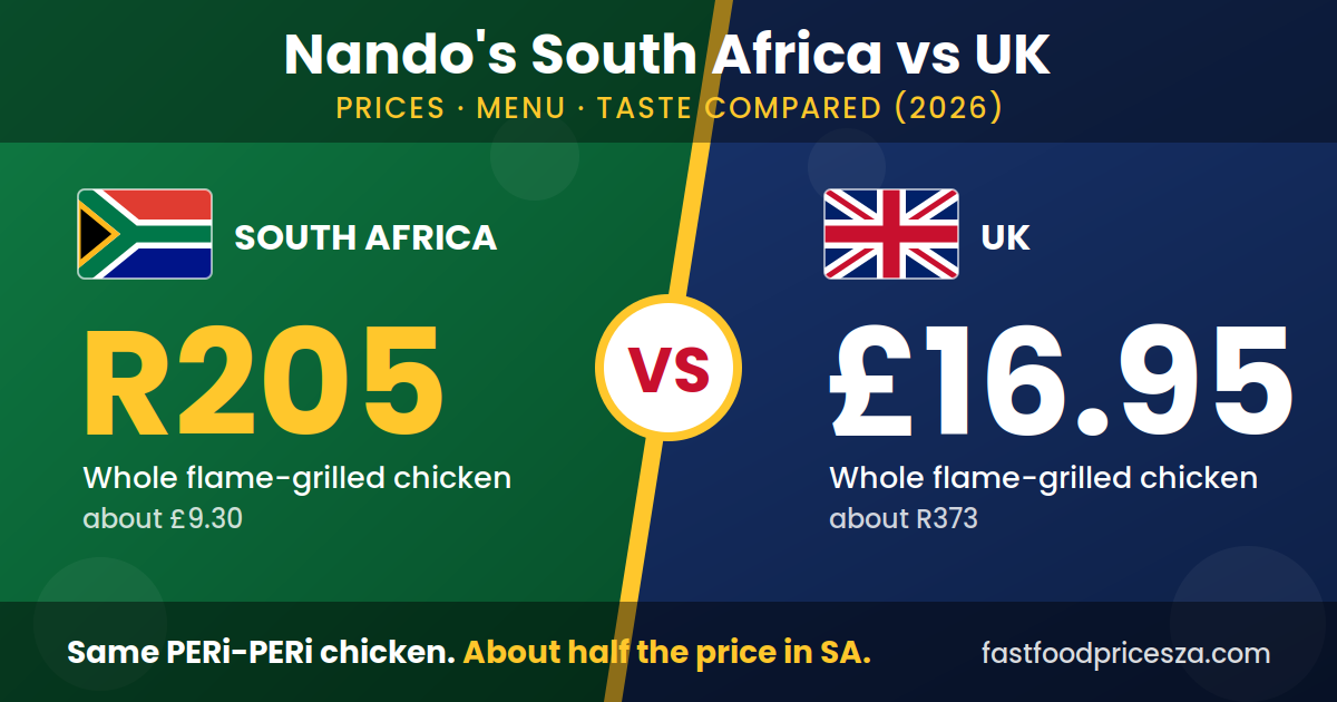 Nando's South Africa vs UK whole chicken price comparison: R205 vs £16.95